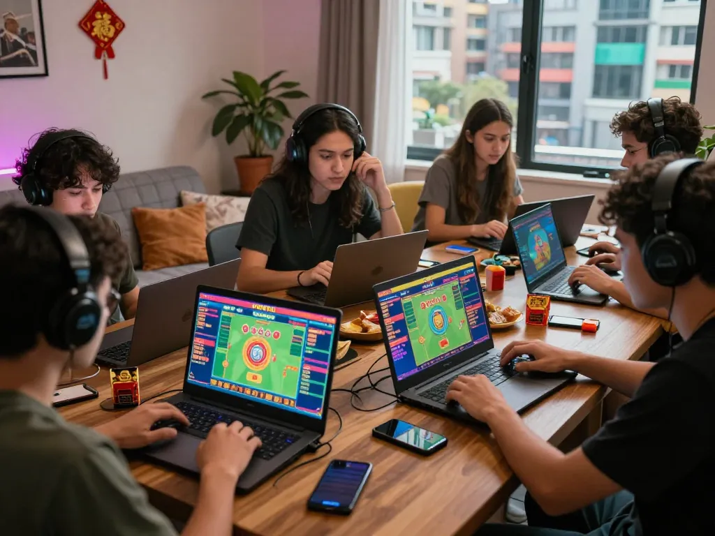 Exciting lô đề online betting scene with diverse players at laptops and mobile devices in a cozy gaming environment.