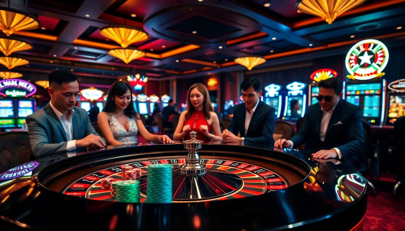 Experience the excitement of "liên minh KJC" at a vibrant casino with roulette and poker.