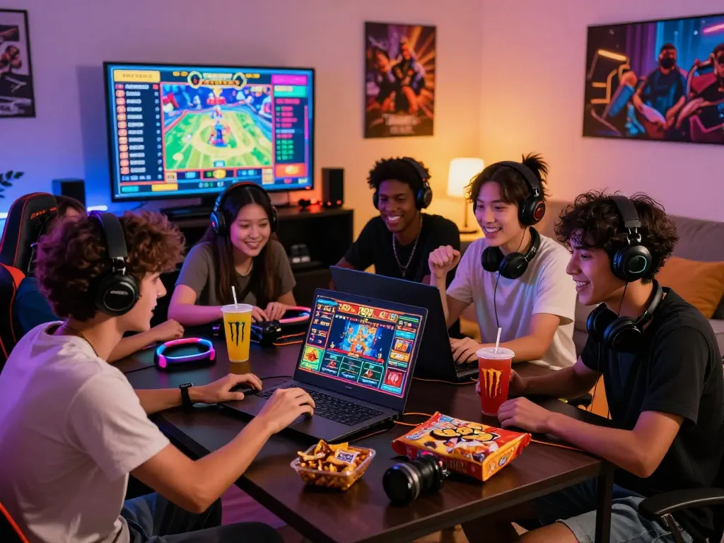 Friends excitedly playing 789 club online casino game in a cozy gaming space with snacks and drinks.