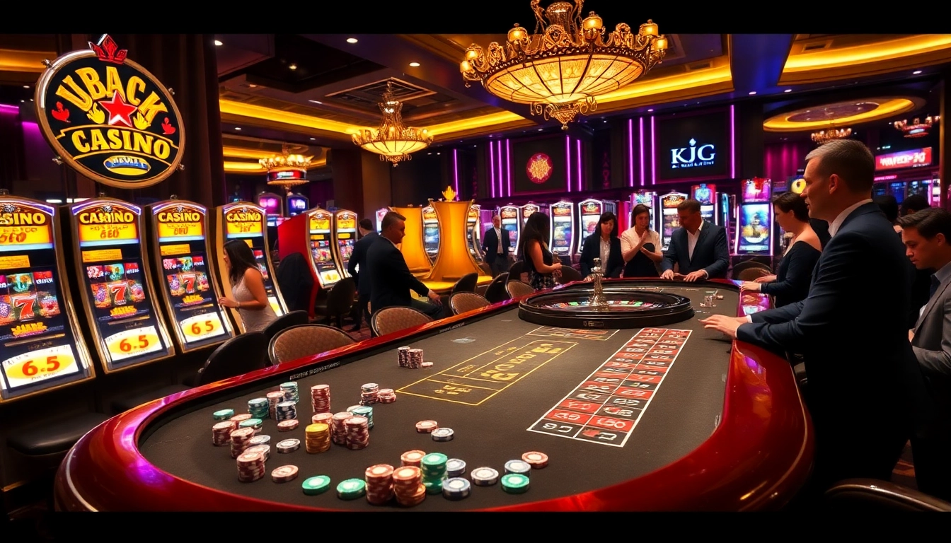 KJC gaming table showcasing vibrant casino atmosphere with poker chips and roulette wheel.