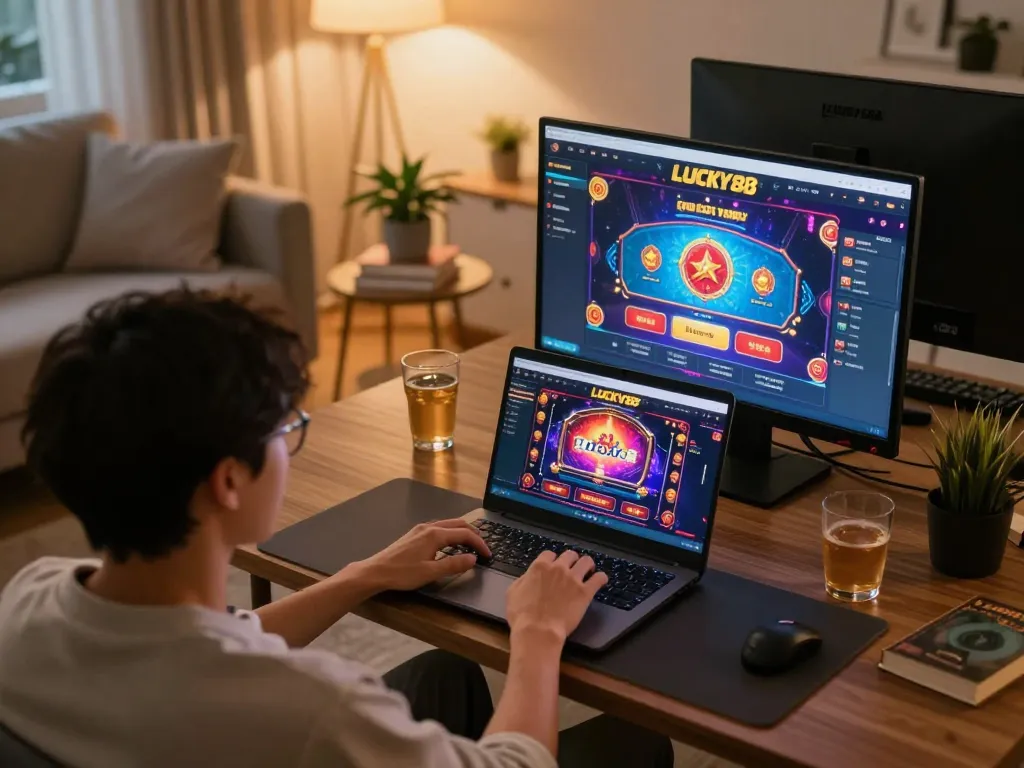 Player engaging with LUCKY88 online casino on a laptop in a cozy home environment.