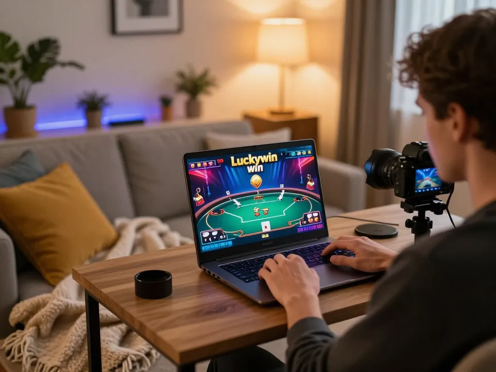 Enjoying a Luckywin win while playing poker online with a cozy gaming setup at home.