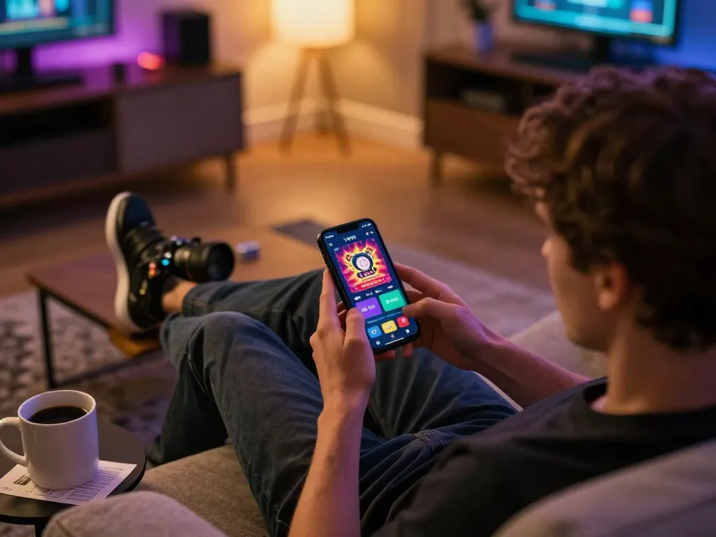 Player engaging in online gambling on the VIP79 app in a cozy home setting