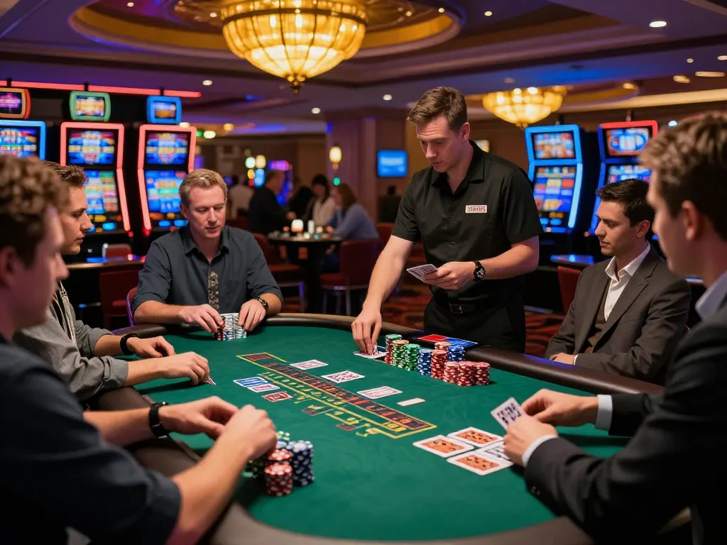 Players at Hitclub blackjack table making strategic bets amid lively casino atmosphere.