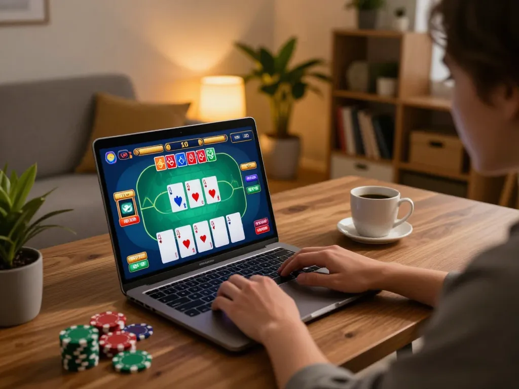 Engaging in online casino gaming on alo88 with poker action displayed on laptop