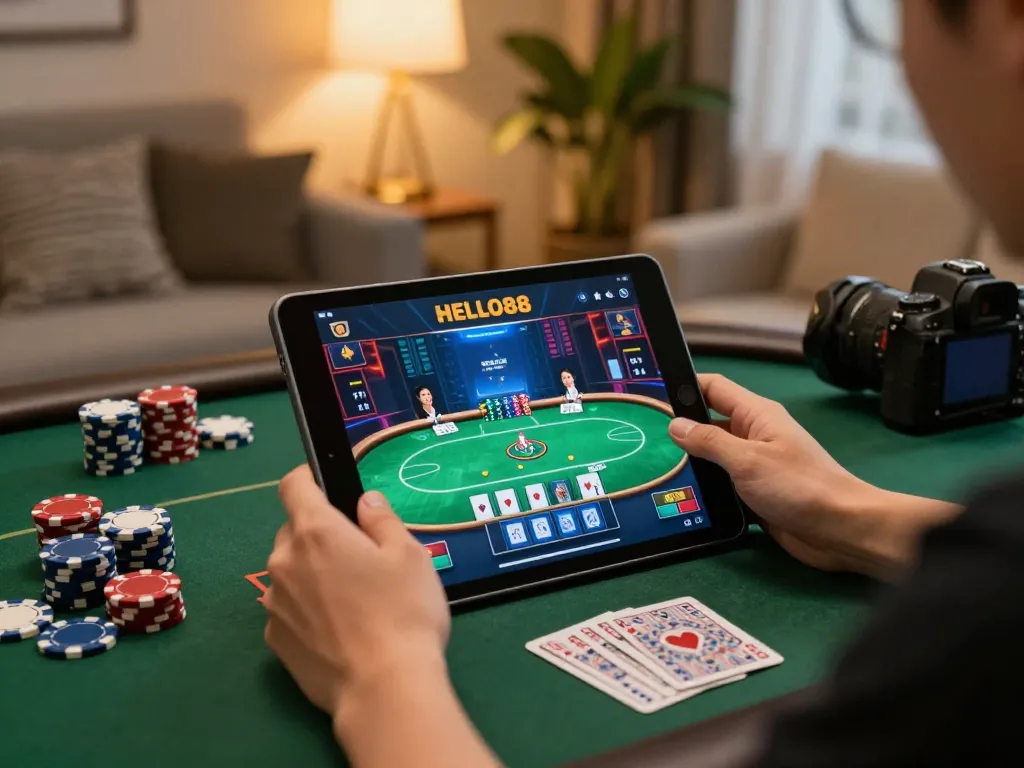 Person engaging in HELLO88 online gambling using a tablet, showcasing a lively poker game.