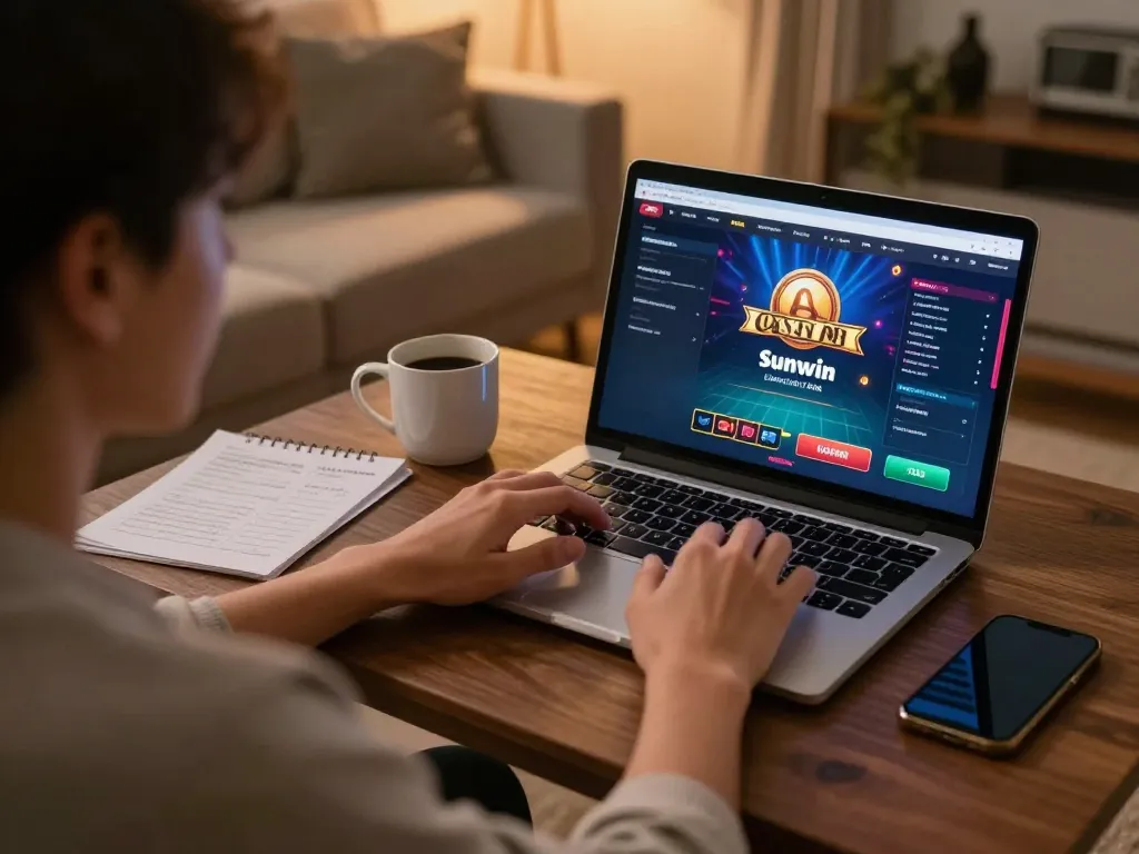 Engaging in online casino gameplay with Sunwin app on a laptop during cozy home session