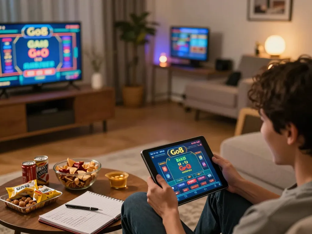 Engaging gameplay with Go8 online casino app on tablet amidst snacks and strategies