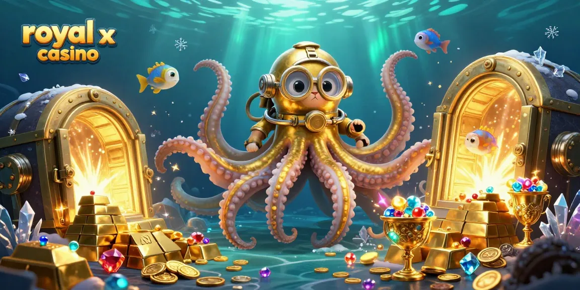 Experience the excitement of royal x casino with a vibrant underwater scene featuring a colossal kraken and treasure.