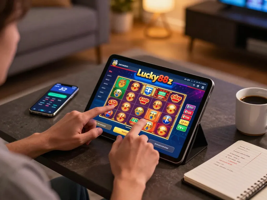 Engaging lucky88z online casino scene showing a player strategizing on a tablet for effective gaming.