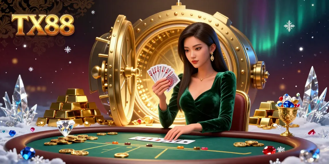 Engage in thrilling poker at TX88 with beautiful Asian woman at the table, surrounded by gold treasures.