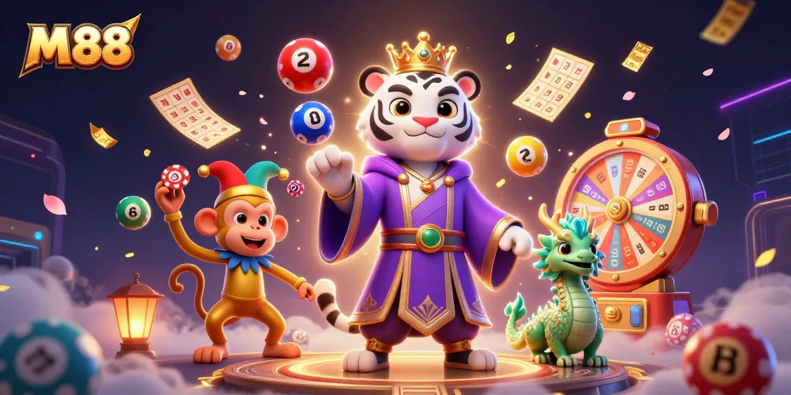 M 88 brings vibrant gambling action with a dynamic 3D scene featuring characters surrounded by lottery elements.