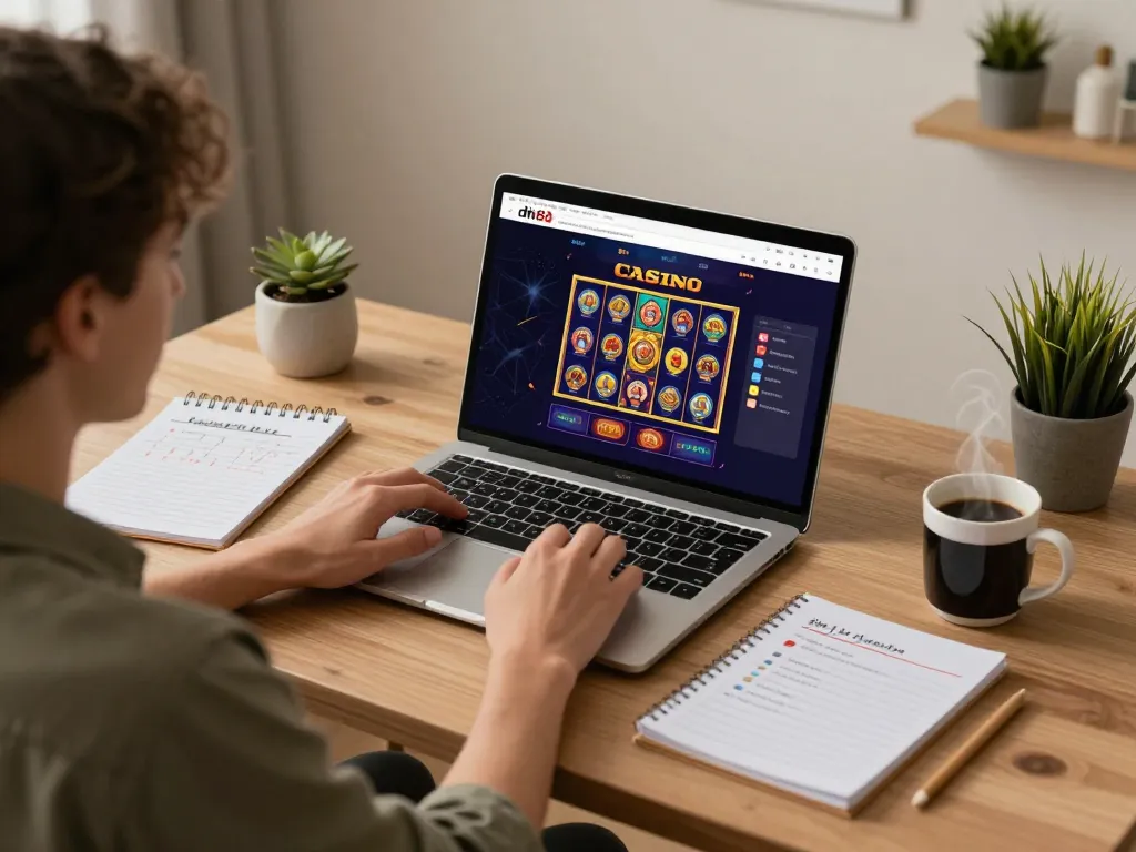 Engaging online gaming experience on the dh88 platform with strategy notes and laptop setup