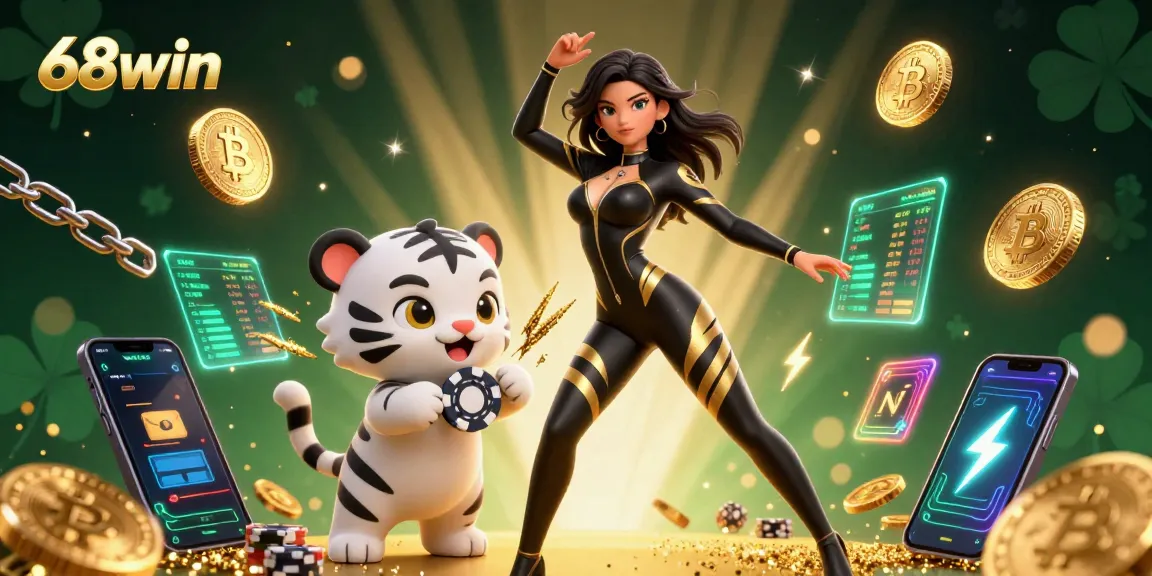 Experience thrilling gaming with 68win's vibrant 3D casino illustration featuring acrobatic characters and crypto elements.