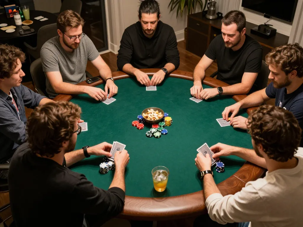 Engaged players at a poker night showcasing strategies and camaraderie with 33winvn cards and chips.