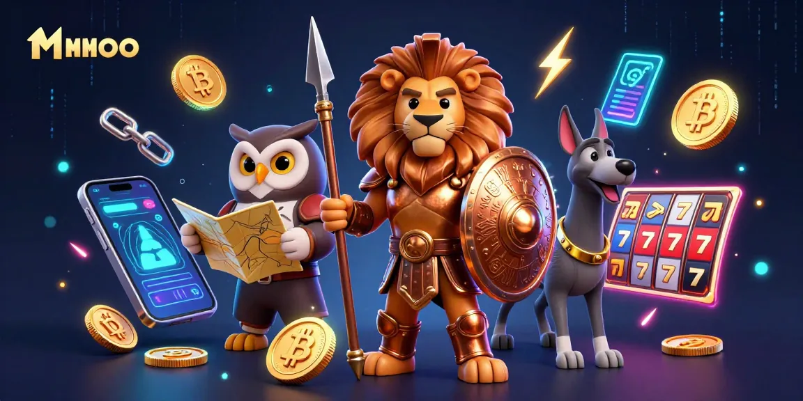 Experience thrilling MMOO online casino action with a vibrant 3D illustration of heroes and gaming elements.