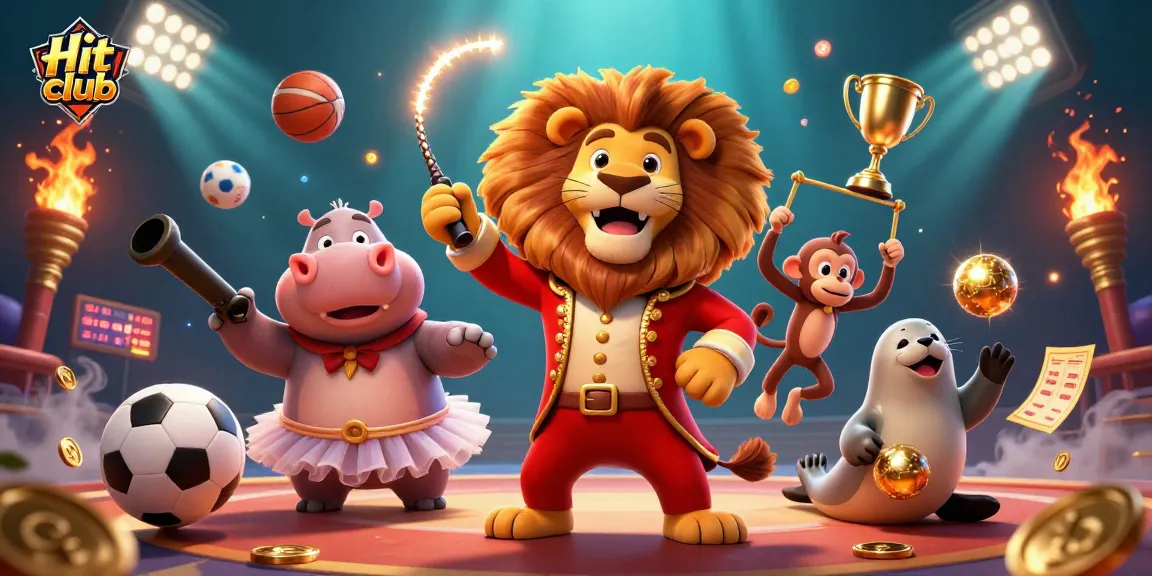 Hit club fun features a lion ringmaster, hippo, monkey, and seal amid thrilling sports betting elements.