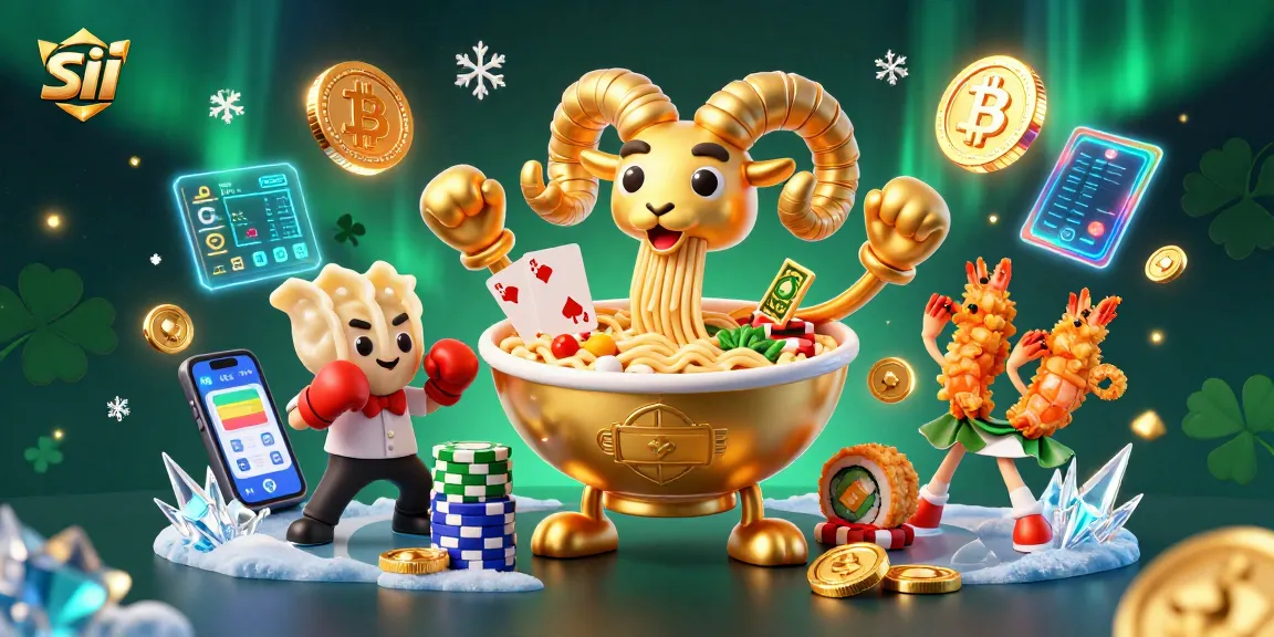 Engage with sii's vibrant gaming scene featuring a ramen bowl dealer and crypto elements.