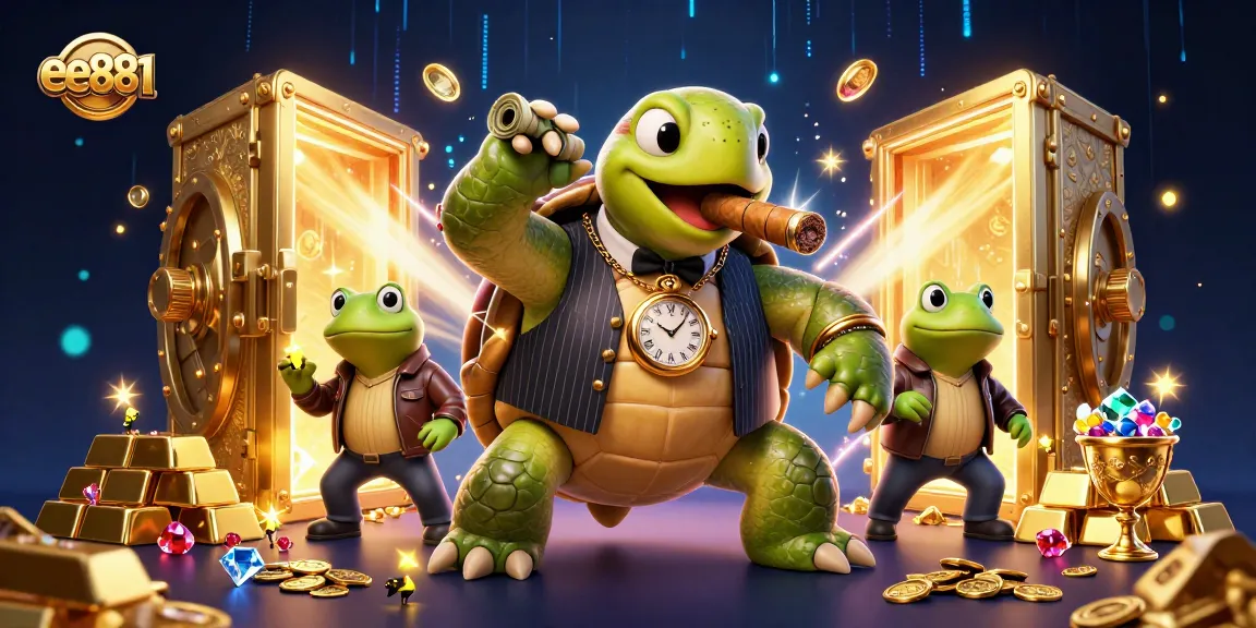 ee881 offers thrilling moments with a cartoon turtle mobster and bullfrogs in an enchanted casino.
