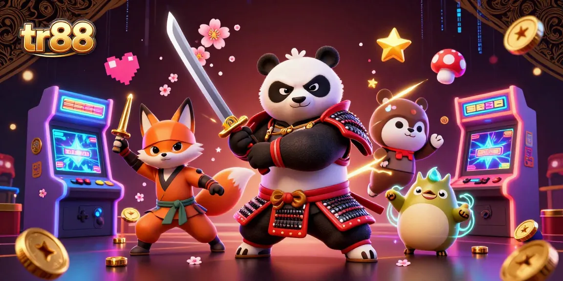Experience thrilling gameplay at tr88 with 3D samurai panda and ninja characters in a vibrant casino setting.