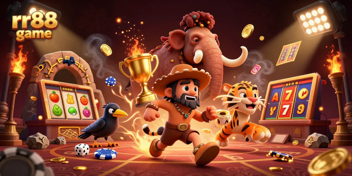Experience the rr88 game through vibrant slot reels in an ultra-detailed 3D casino scene.