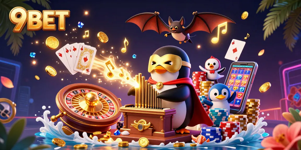 Enjoy an exciting moment at 9BET's vibrant casino with golden coins and sparkling gems flying around.