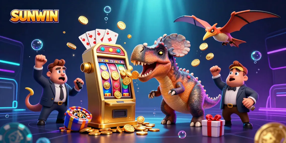 Experience SUNWIN's thrilling jackpot scenes with dino characters headbutting a slot machine.