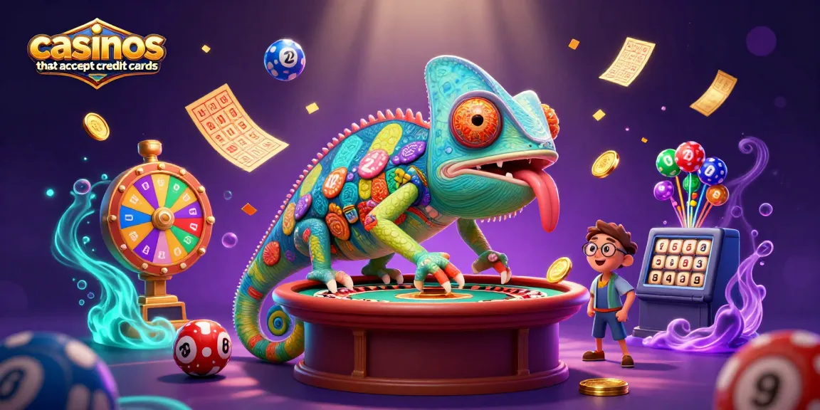 Immerse in casinos that accept credit cards, featuring a vibrant chameleon owner amidst dynamic casino elements.