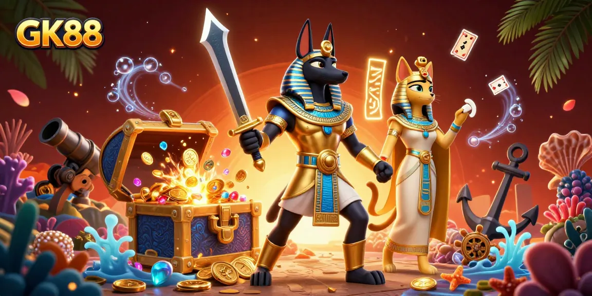 GK88 showcases ancient Egyptian warriors and treasure symbols in a detailed casino scene.