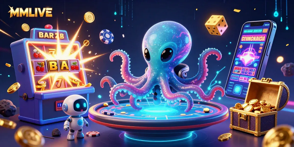 MMLIVE offers vibrant cartoon gaming energy with an alien octopus at a poker table while dynamic elements surround.