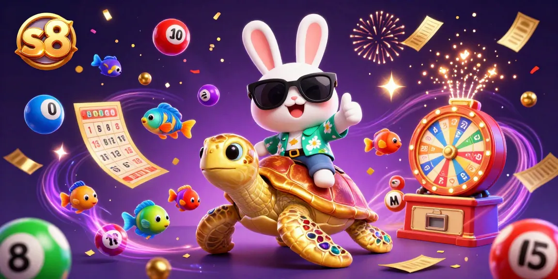 S8 casino delights with a lucky rabbit and golden sea turtle amidst vibrant gaming elements.