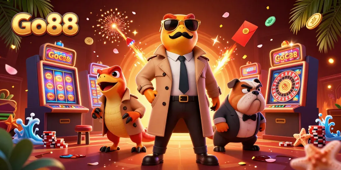 Experience Go88 with 3D cartoon raptors entering a VIP casino lounge amidst dynamic game elements.